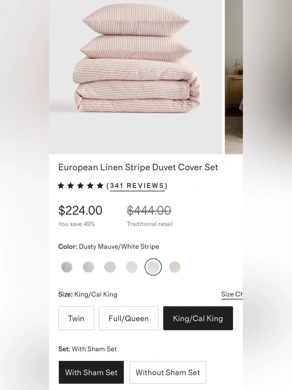 NWT Quince European Linen Stripe Duvet Cover Set, King/Cal (Dusty Mauve/White)